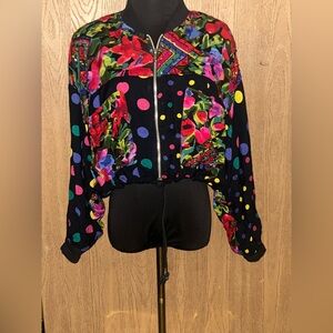 Retro Bright Bold Colorful  Floral Sequin Bomber Jacket Grannycore Artsy Women L